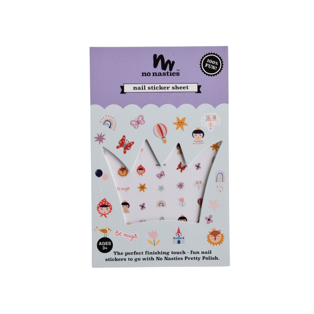 Packaging of 'no nasties' nail sticker sheet with illustrations on a white background
