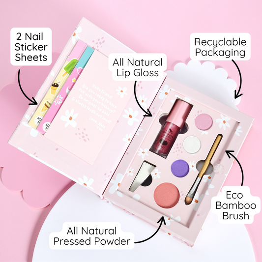 Collage of a girl with makeup products on a pink background