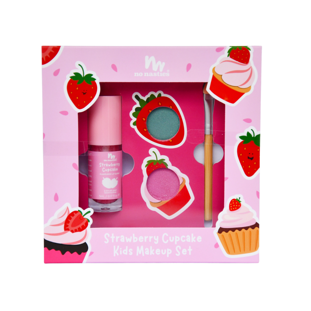 Strawberry Cupcake Kids Makeup Set packaging with pink background and cupcake and strawberry designs.
