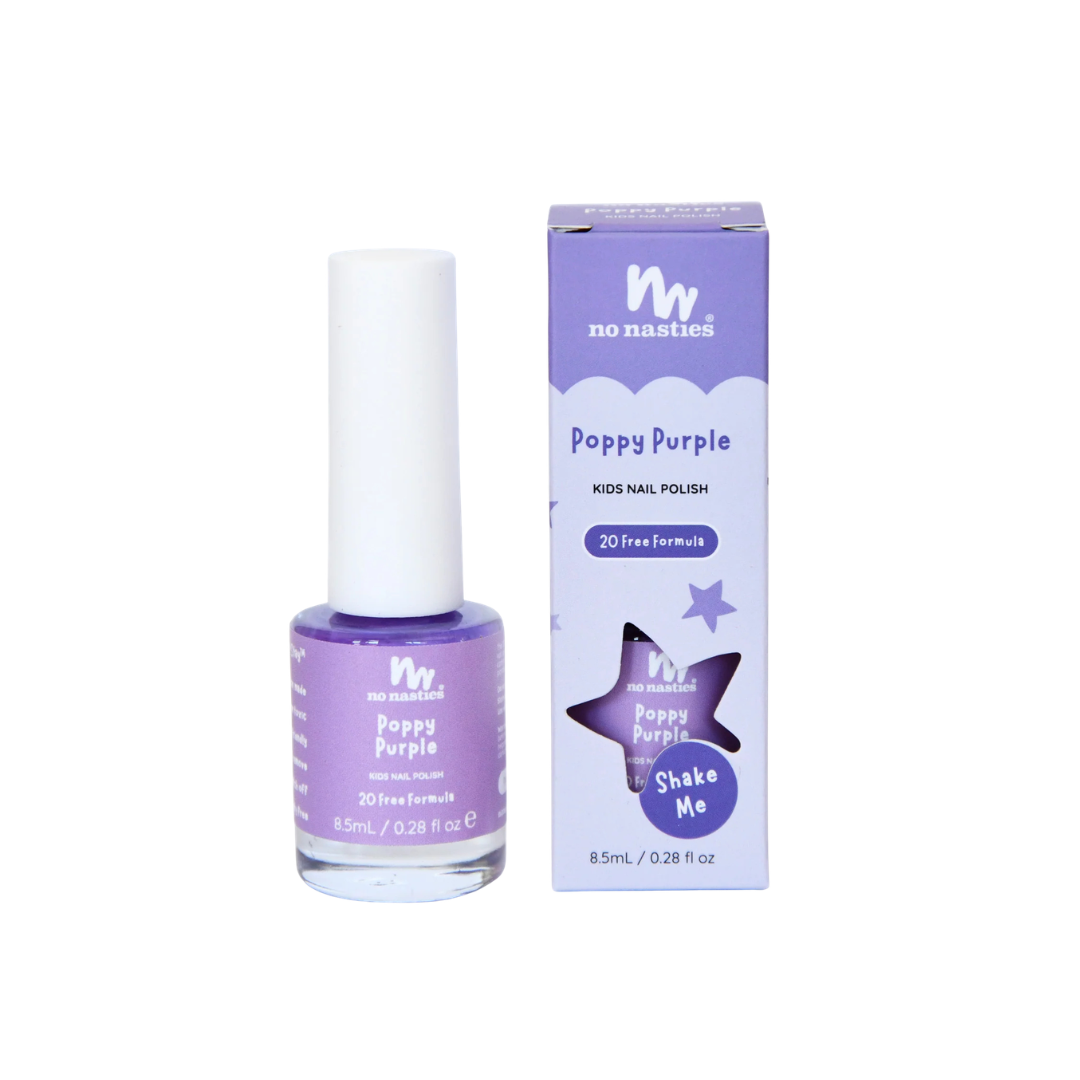 No Nasties Poppy Purple kids nail polish with packaging on a white background