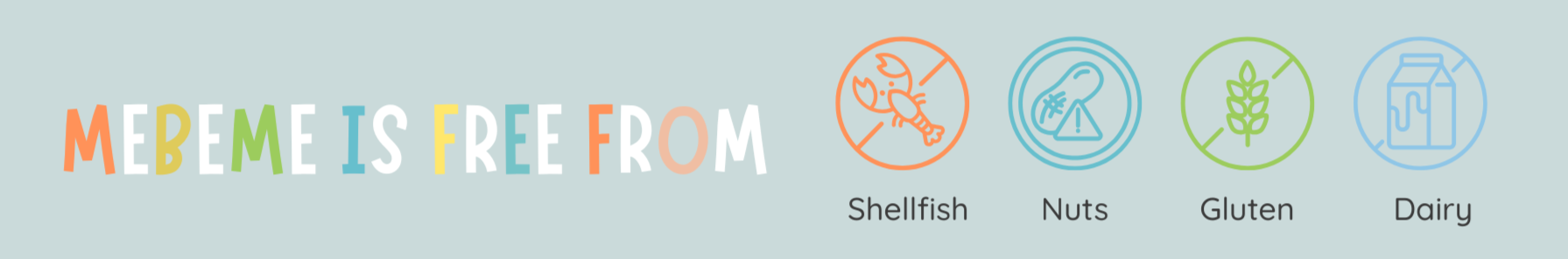 Product label indicating free-from allergens with icons and text on a light blue background.