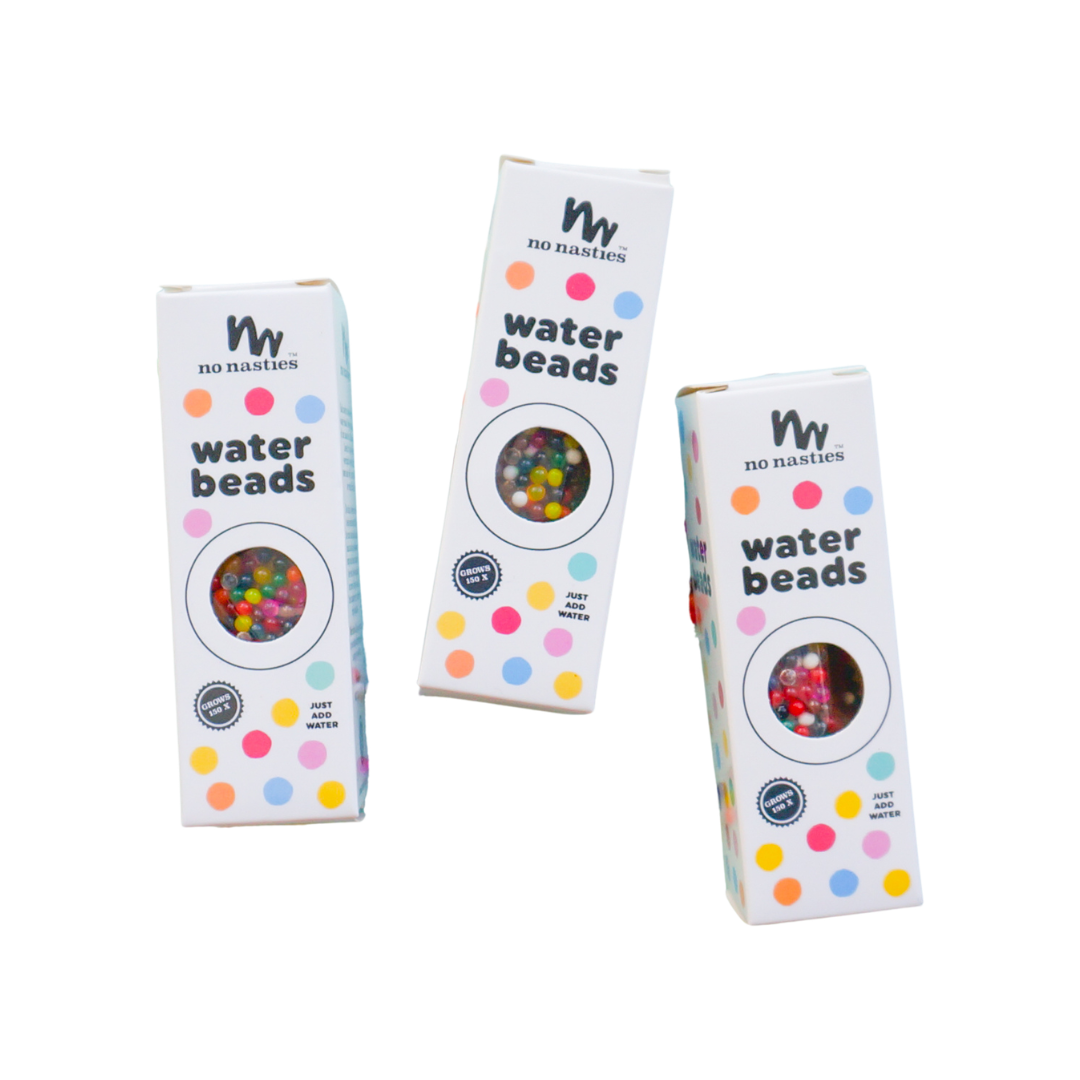Three boxes of 'no nasties' water beads on a white background