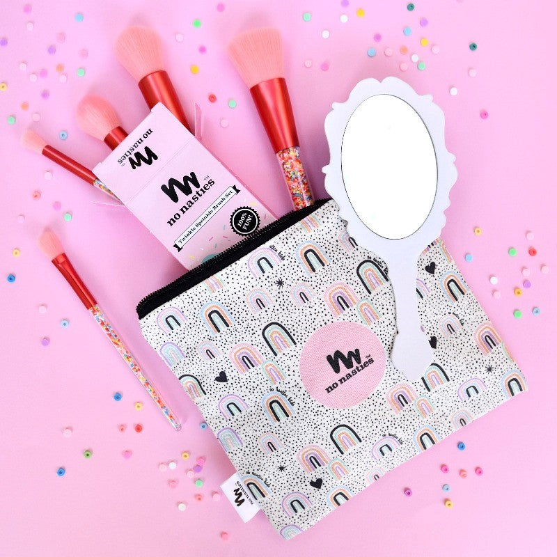 No-Nasties_kids-Cosmetic-Bag-Sprinkle-Brush-Set-Mirror-Pink-Background