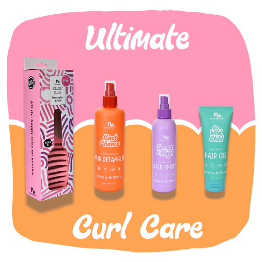 detangler brush and no nasties kids hair products on pink and orange background