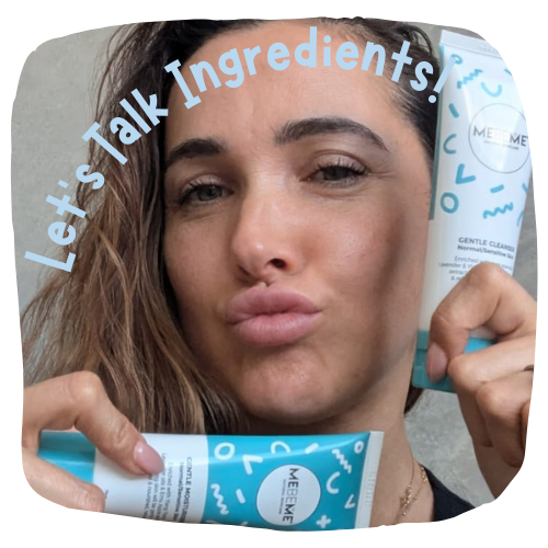 womans face and hands holding two tubes of mebeme skincare with the words "Lt's Talk Ingredients!" in baby blue