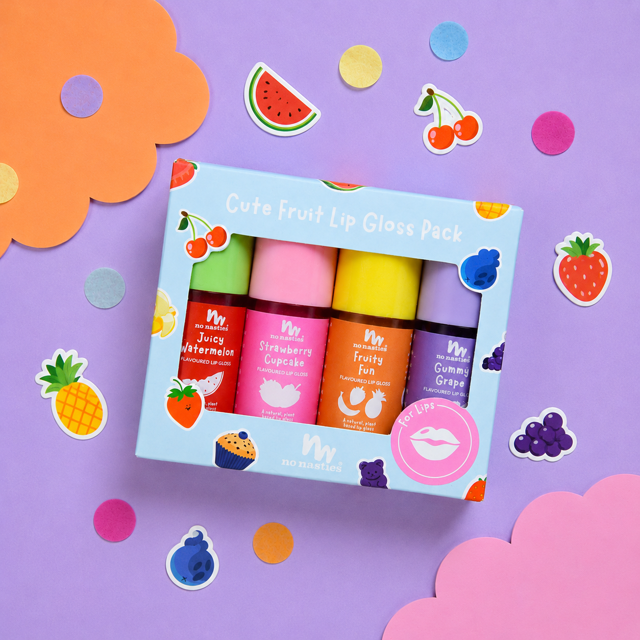 A boxed lip gloss pack with four colorful tubes visible through a light blue window box. The packaging reads 'Cute Fruit Lip Gloss Pack' and shows fruit illustrations.