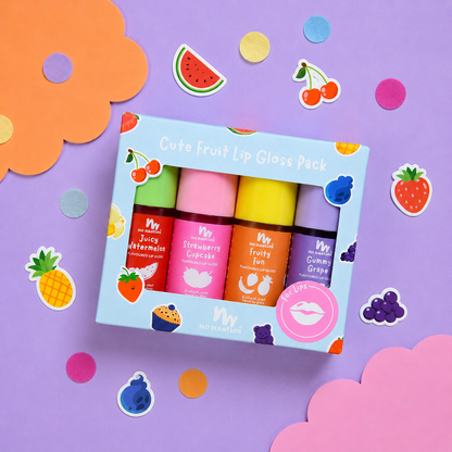 A boxed lip gloss pack with four colorful tubes visible through a light blue window box. The packaging reads 'Cute Fruit Lip Gloss Pack' and shows fruit illustrations.
