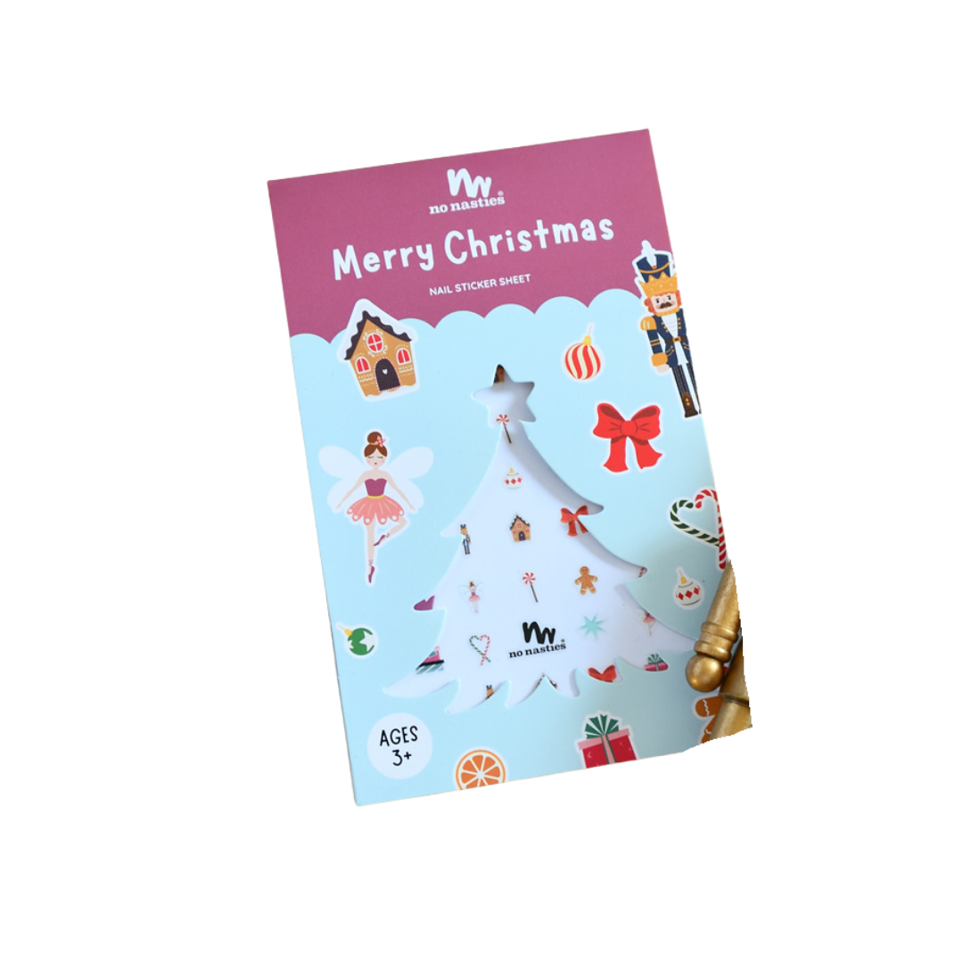 Pack of Christmas themed nail stickers with a pink and blue design on a white background