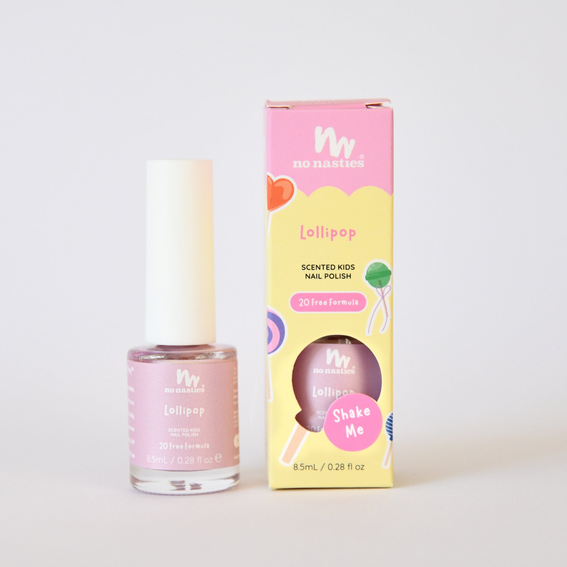No Nasties Kids Lollipop scented kids nail polish with packaging on a white background