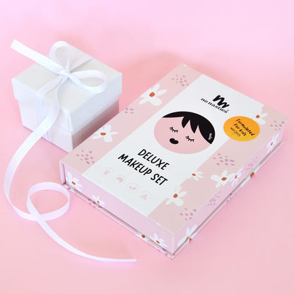 Deluxe makeup set packaging with cartoon character on a pink background