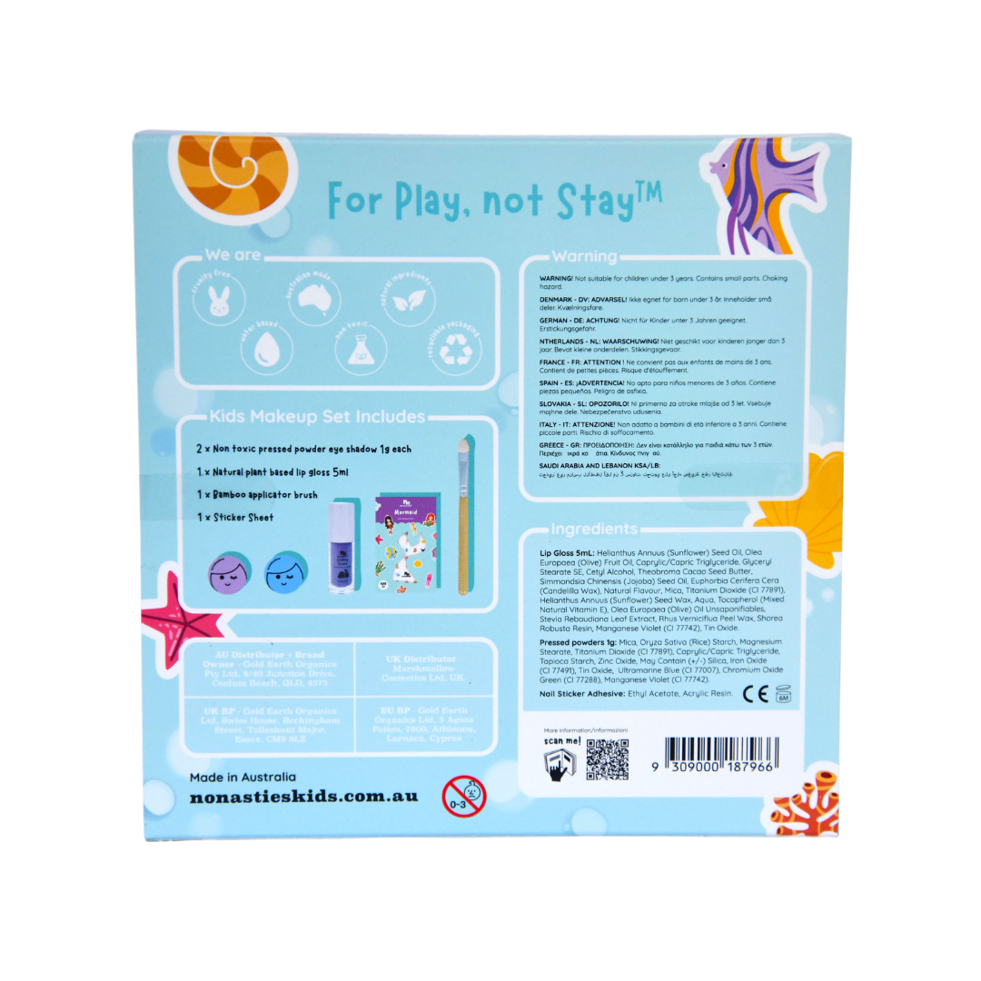 Back of a kids makeup set packaging with branding and product details.