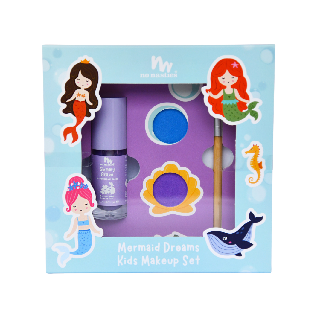 Mermaid themed kids makeup set packaging with mermaid illustrations on a light blue box.