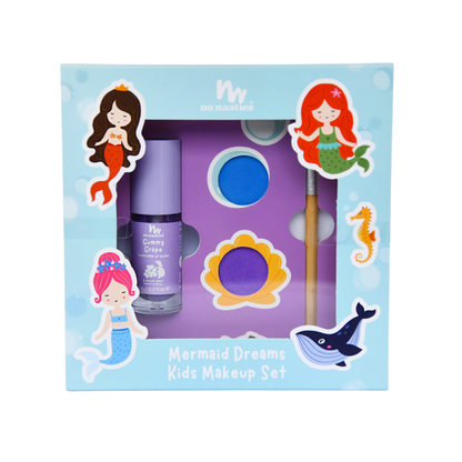 Mermaid themed kids makeup set packaging with mermaid illustrations on a light blue box.