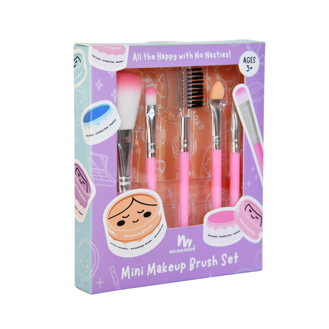 Mini makeup brush set packaging with brushes and accessories on a white background