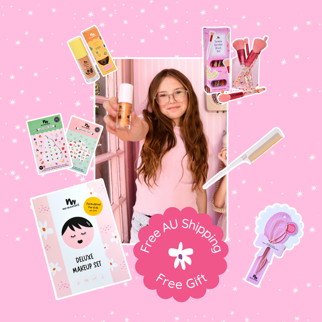 Collage of a girl with makeup products on a pink background