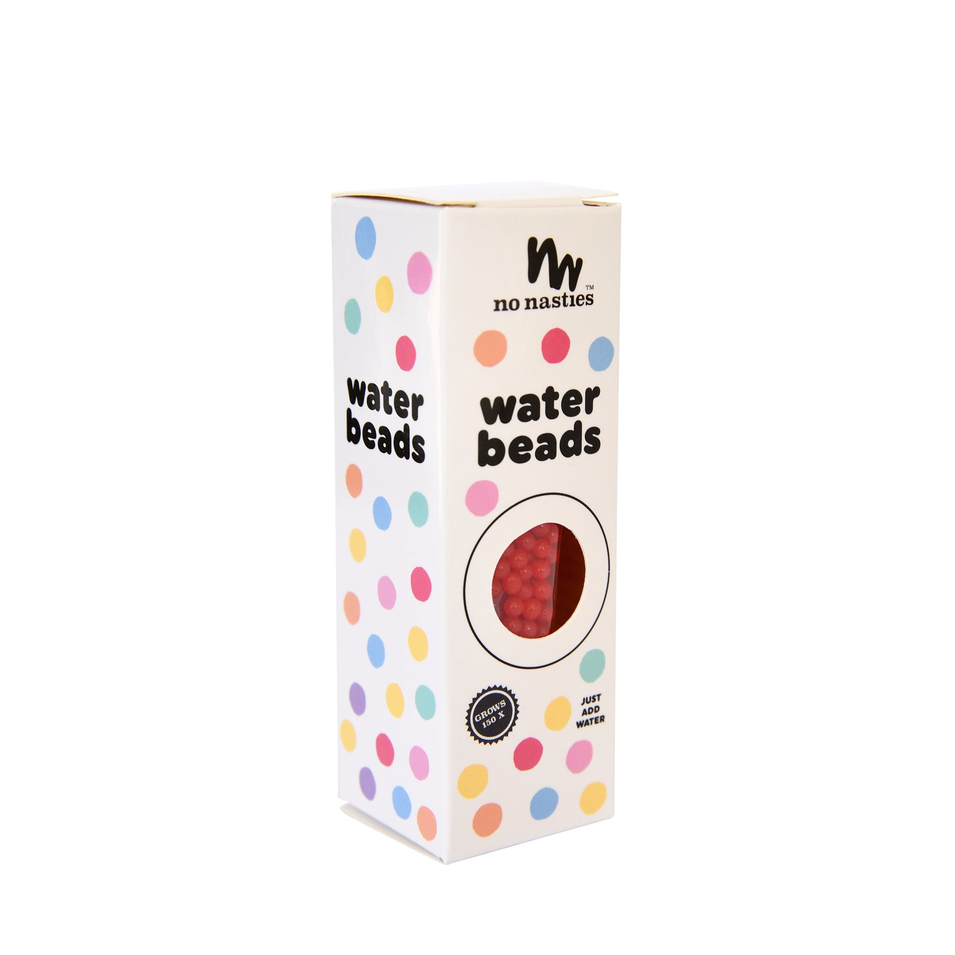 Box of water beads with colorful polka dots on a white background