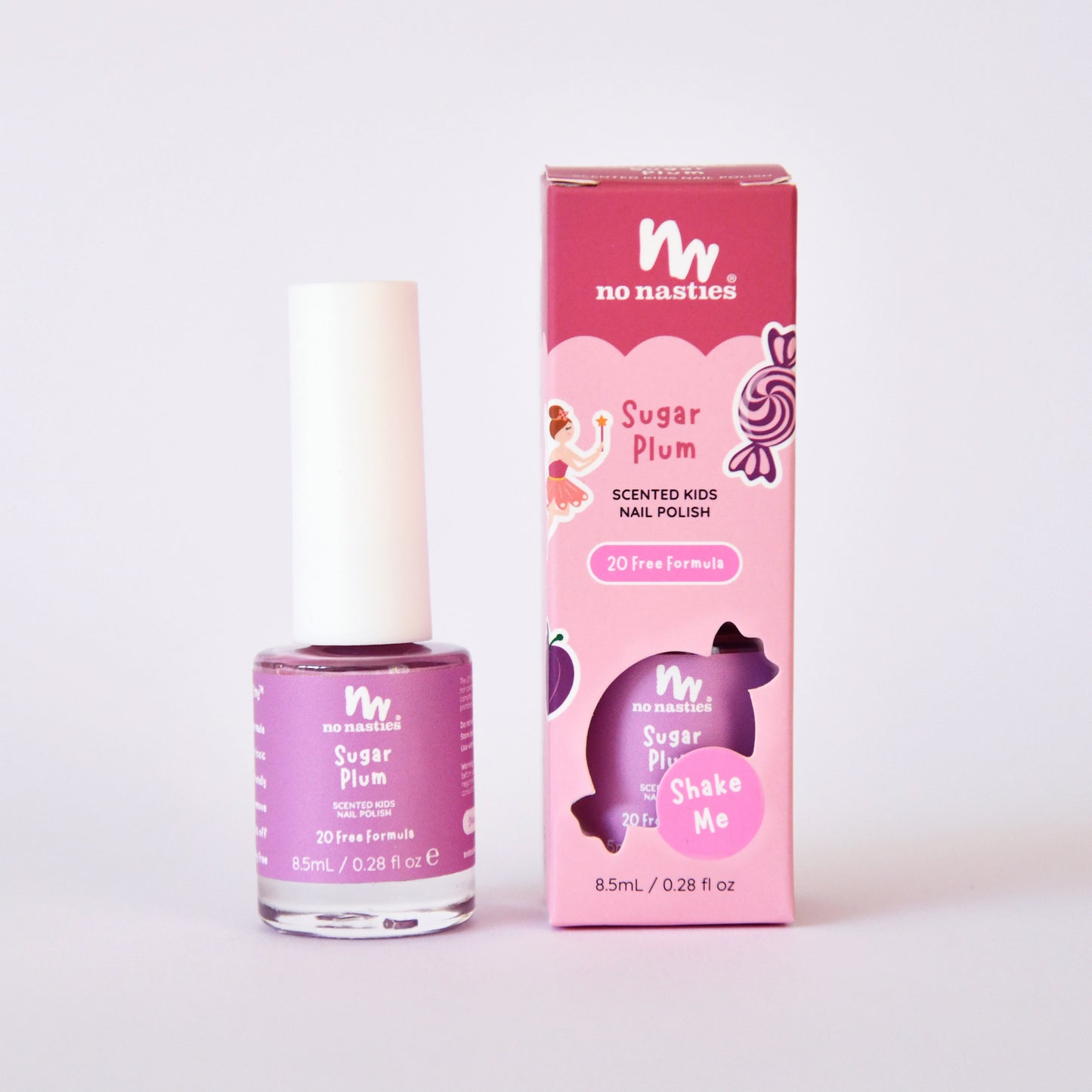 No Nasties Sugar Plum scented kids nail polish with packaging on a white background