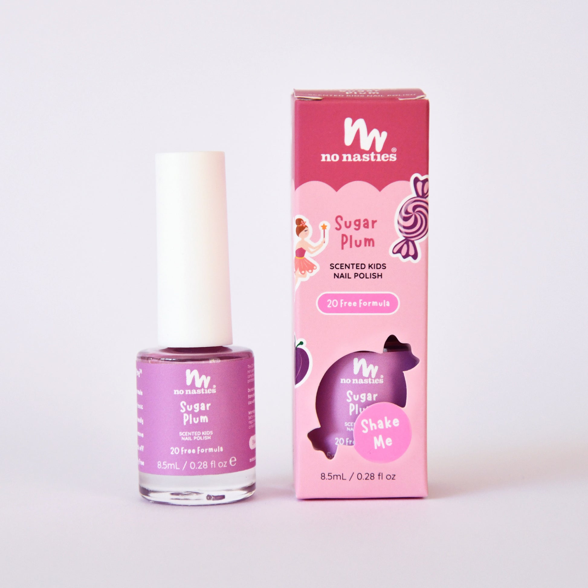 No Nasties Sugar Plum scented kids nail polish with packaging on a white background
