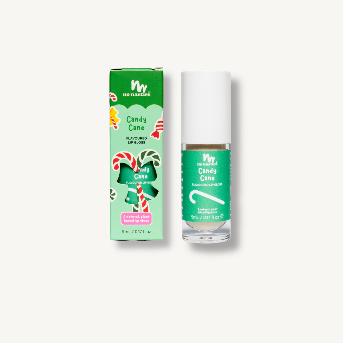 No Maman No Mannequin 'Candy Cane' flavored lip gloss shown next to its green and white packaging box on a light off-white background.