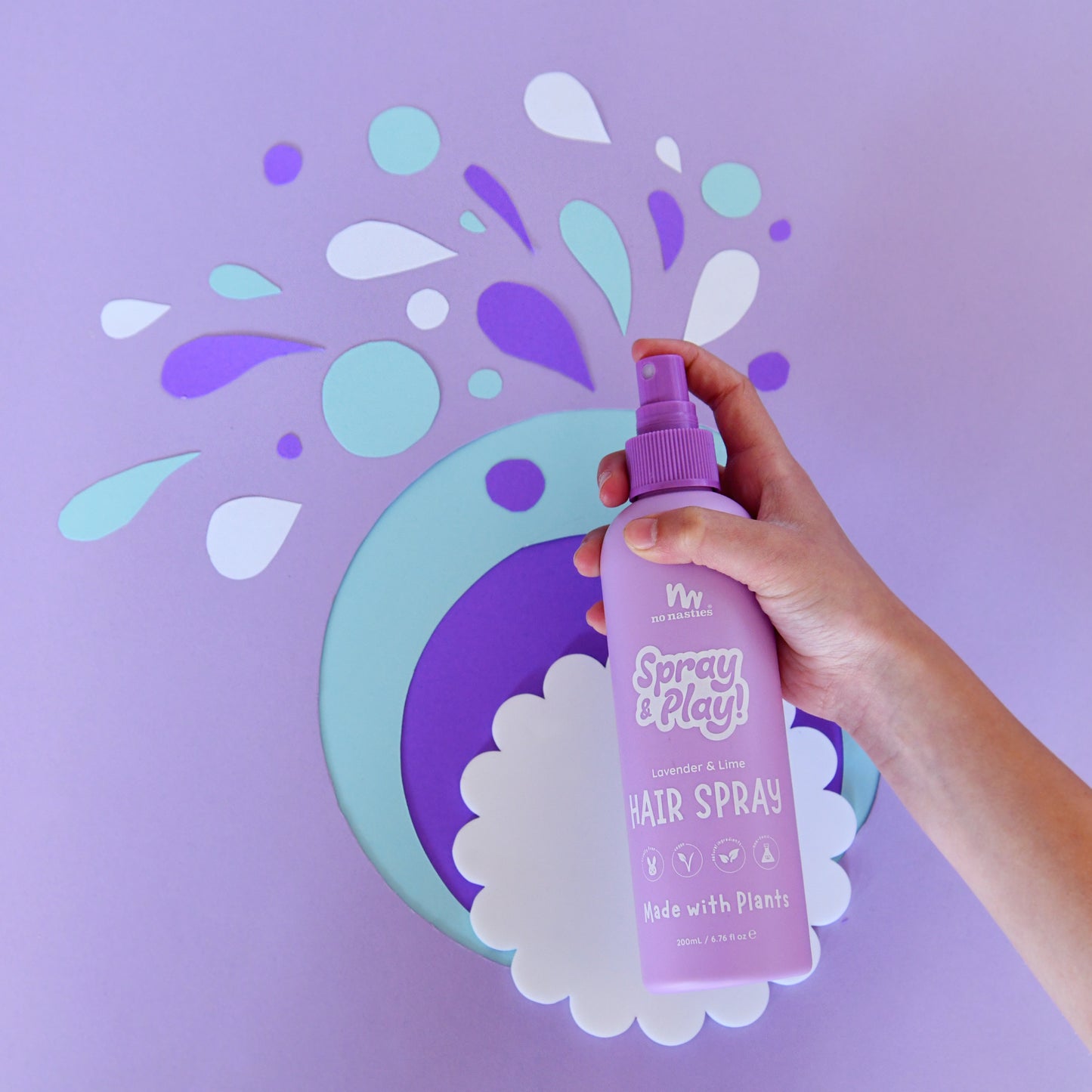 No Nasties Kids alcohol-free hair spray bottle, calming lavender and fresh lime scent