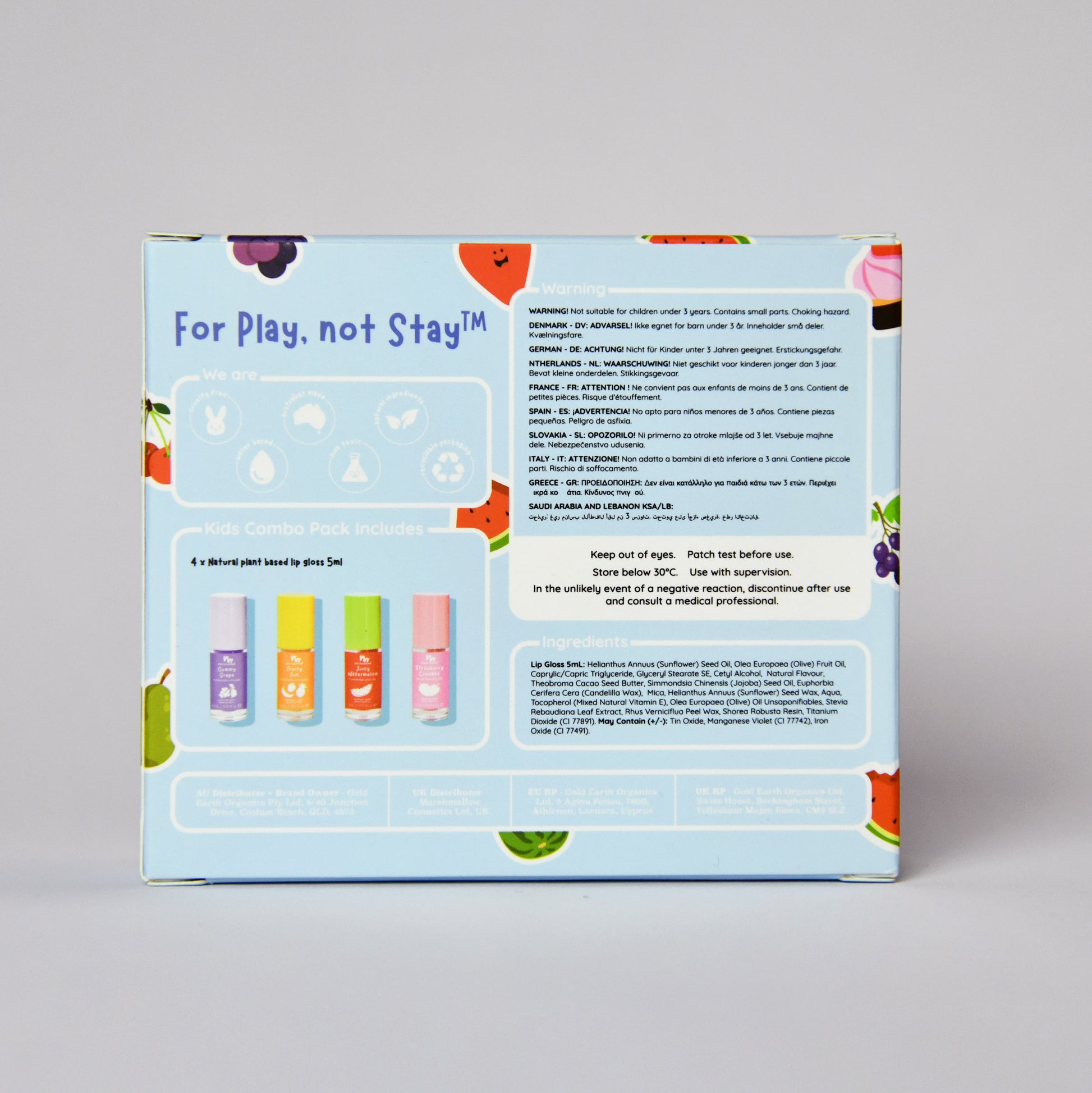 The back of a light blue product box for a 'For Play, not Stay™' kit, featuring colorful illustrations of fruits and vegetables, product contents, and text in English and Spanish on a neutral gray background.
