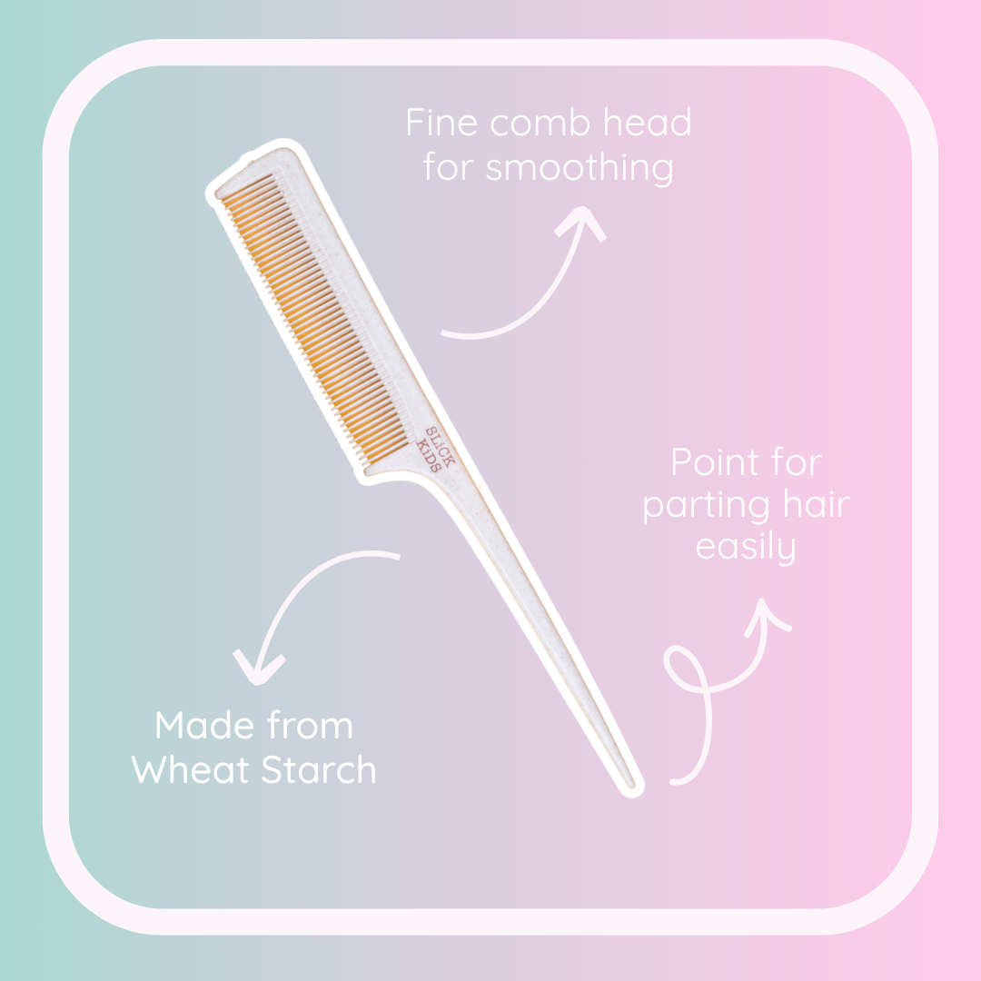 Hair comb with text indicating features on a gradient background