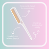 Hair comb with text indicating features on a gradient background