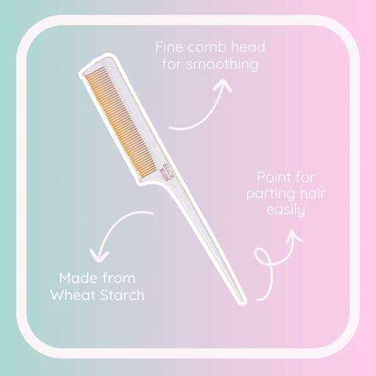 Hair comb with text indicating features on a gradient background