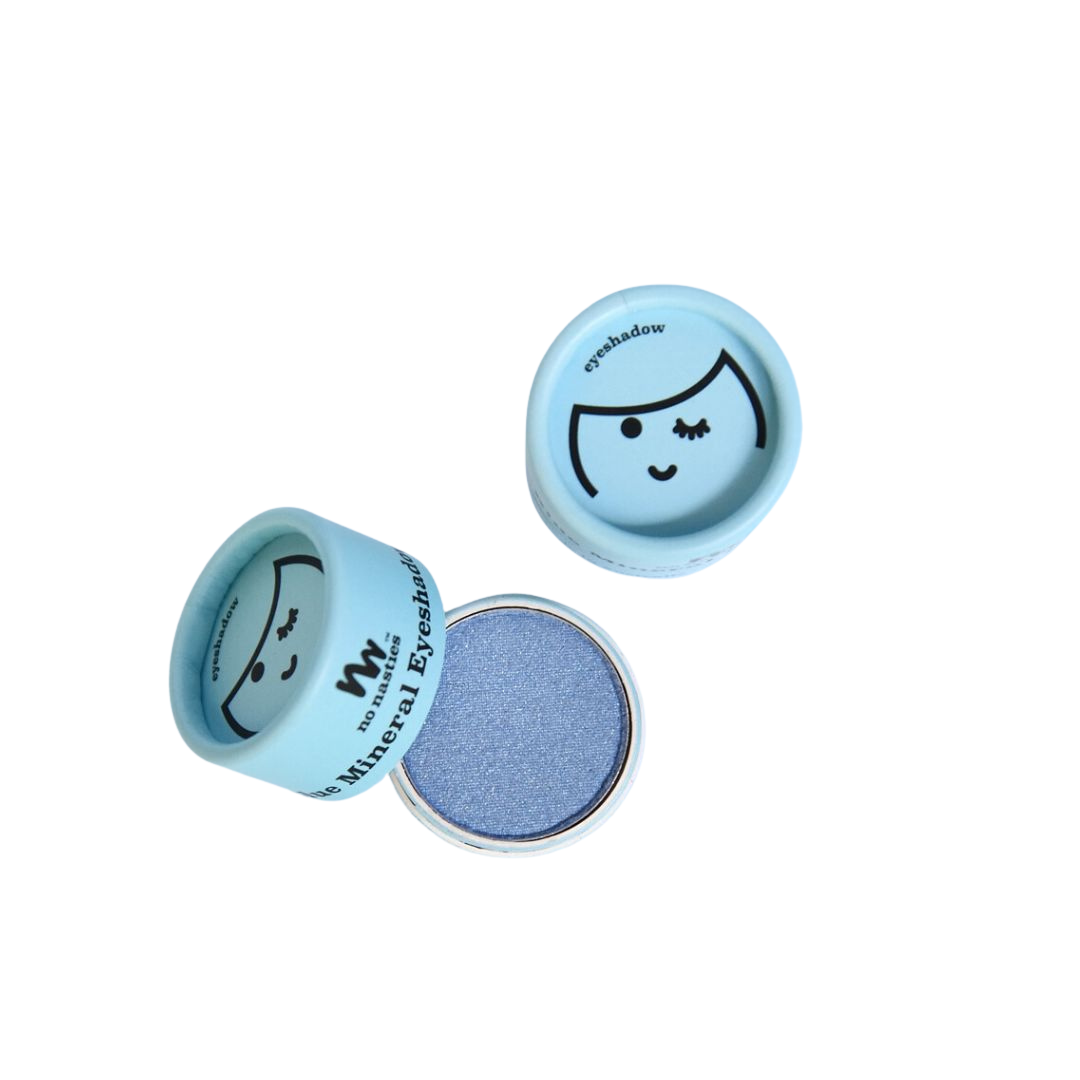 Blue eyeshadow in paper tube with a smiling face design on a white background