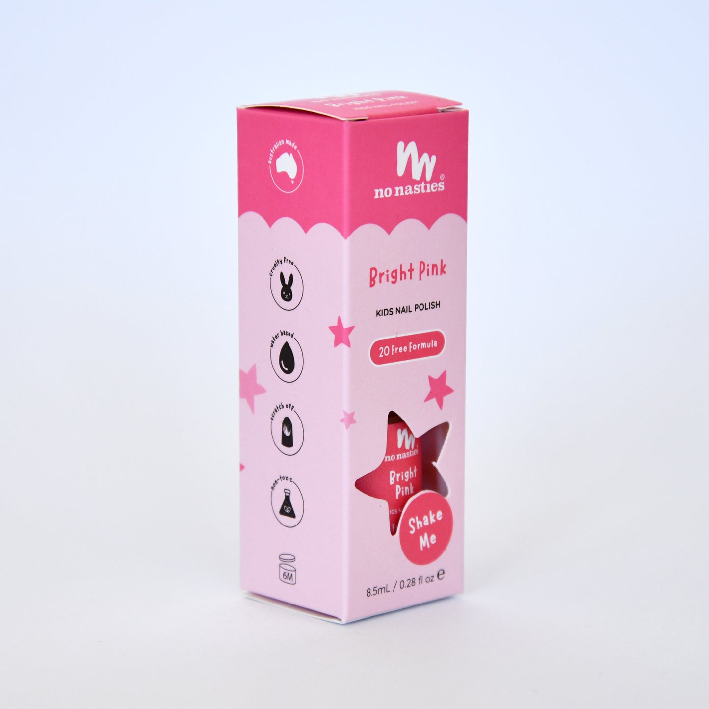 Pink box of no nasties kids nail polish on a light purple background