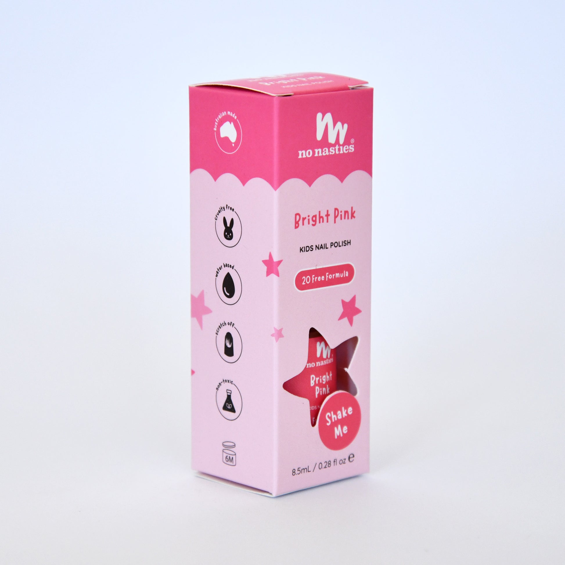 Pink box of no nasties kids nail polish on a light purple background