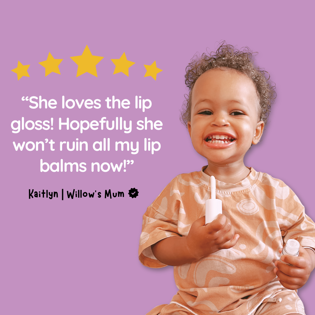 Child holding lip gloss with five-star rating text on a purple background