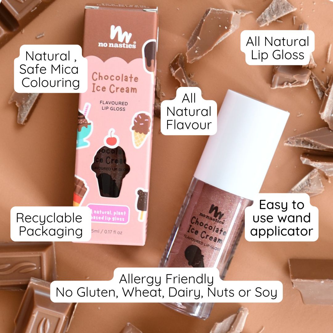 Lip gloss with packaging and text highlighting features on a chocolate-themed background