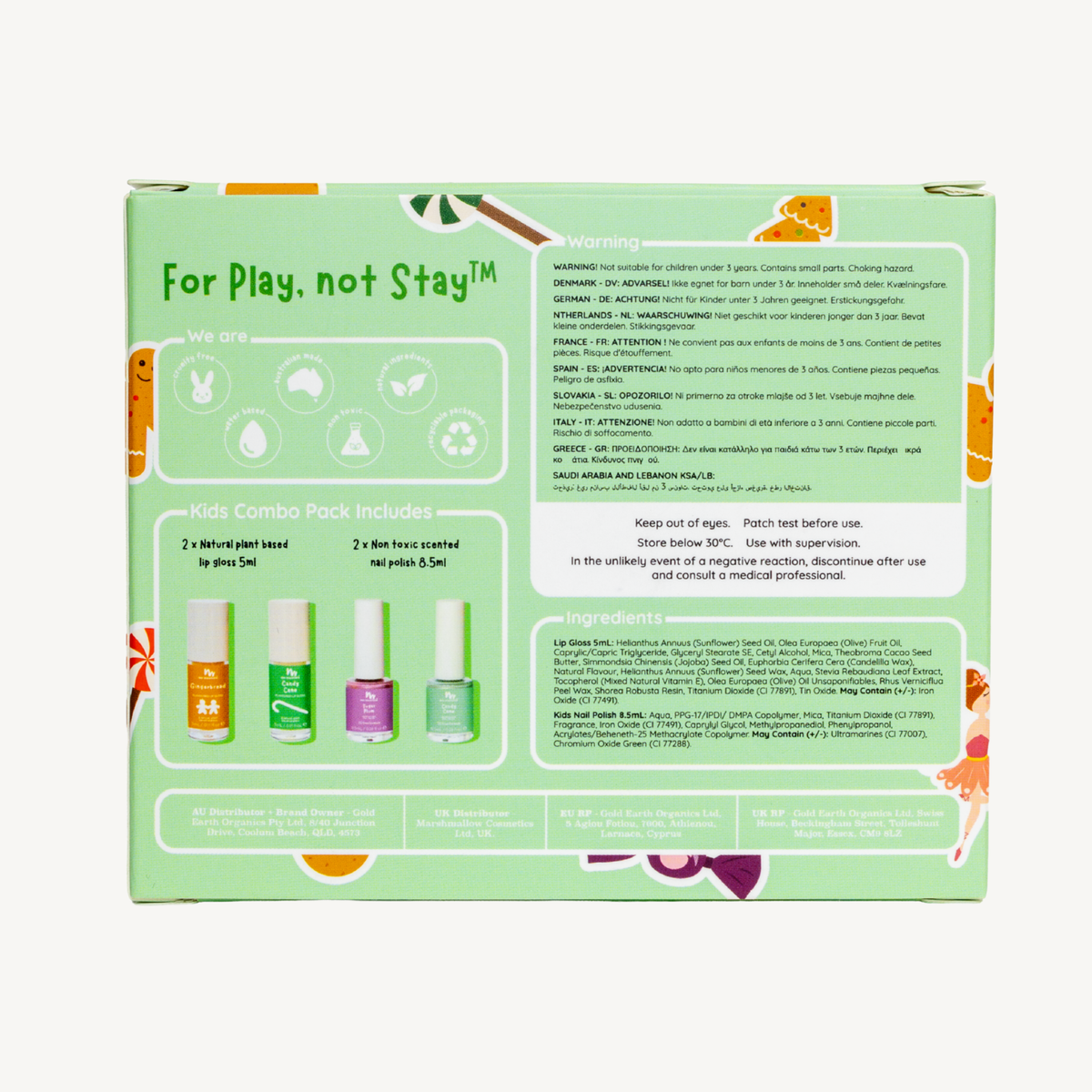 The back of a light green nail polish kit box, showing product details, warning labels, ingredients, and four sample nail polish colors with small bottles pictured.