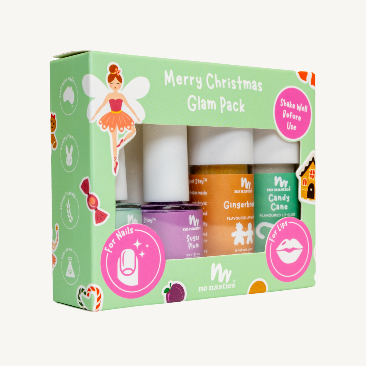 No Nasties Merry Christmas Glam Pack nail set in its original light green packaging, showing four bottles of nail polish in purple, orange, green, and white.