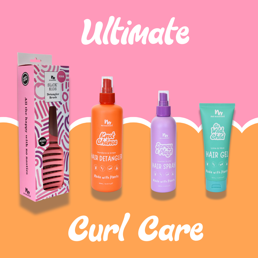 Collection of curl care products including a brush, detangler, hair spray, and gel on a pink and orange background with 'Ultimate Curl Care' text.