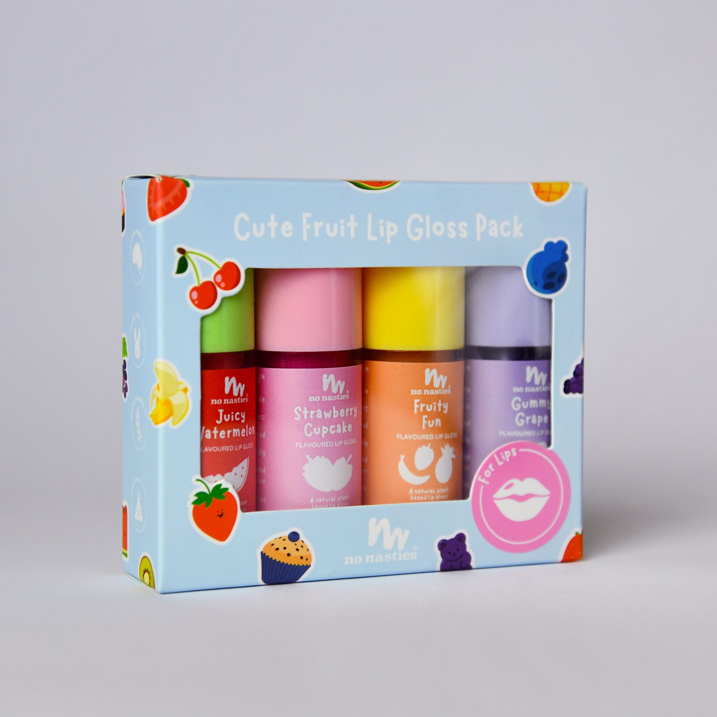 A boxed lip gloss set labeled 'Cute Fruit Lip Gloss Pack' with four colorful tubes visible through a light blue printed window box. The tubes are labeled with fruit flavors: strawberry, cupcakes, fruity fun, and gummi grape.