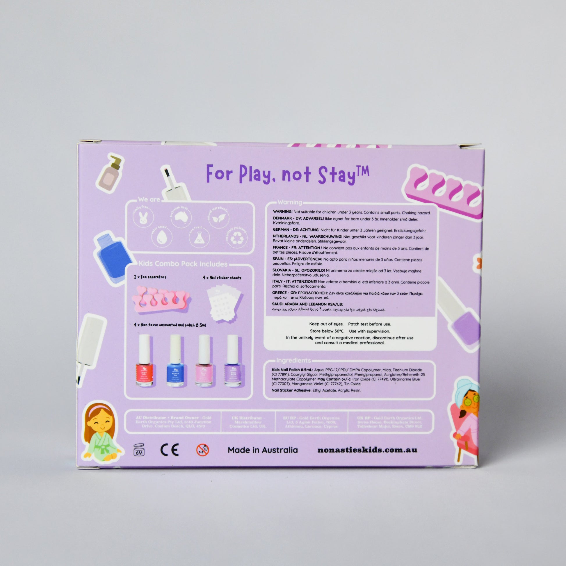 the back of a nail polish set with the words "For Play, Not Stay" on the top and pictures of 4 nail polishes and toe seperators