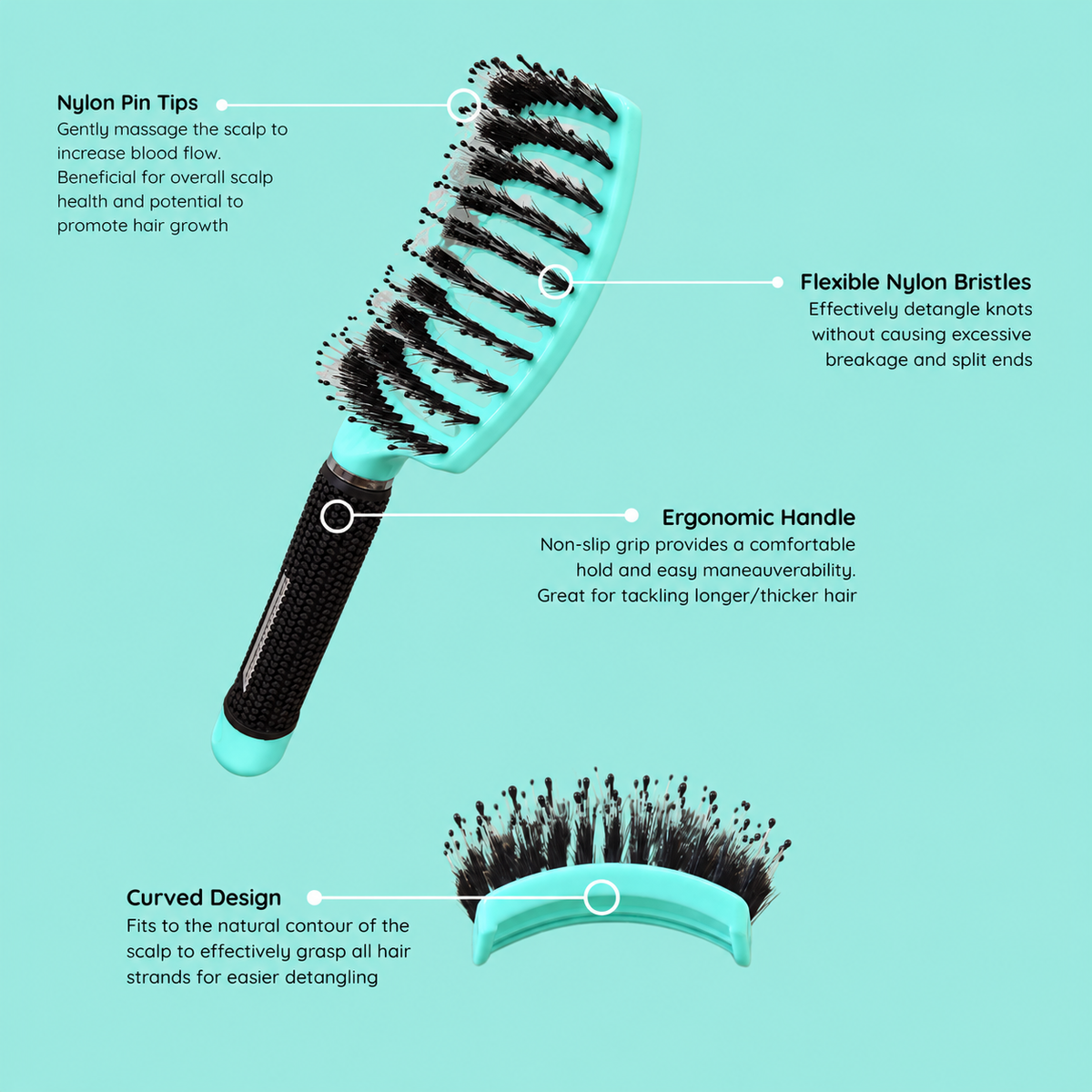 aqua coloured hair brush with features on an aqua coloured background, side view and top view