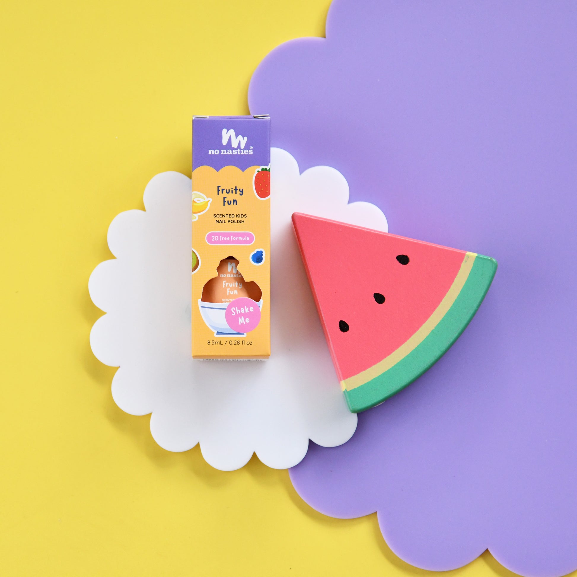 No Nasties Fruity Fun product packaging with a watermelon slice on a colourful background