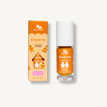 No Nasty Gingerbread Flavoured Lip Gloss shown next to its retail box on a clean off-white background.