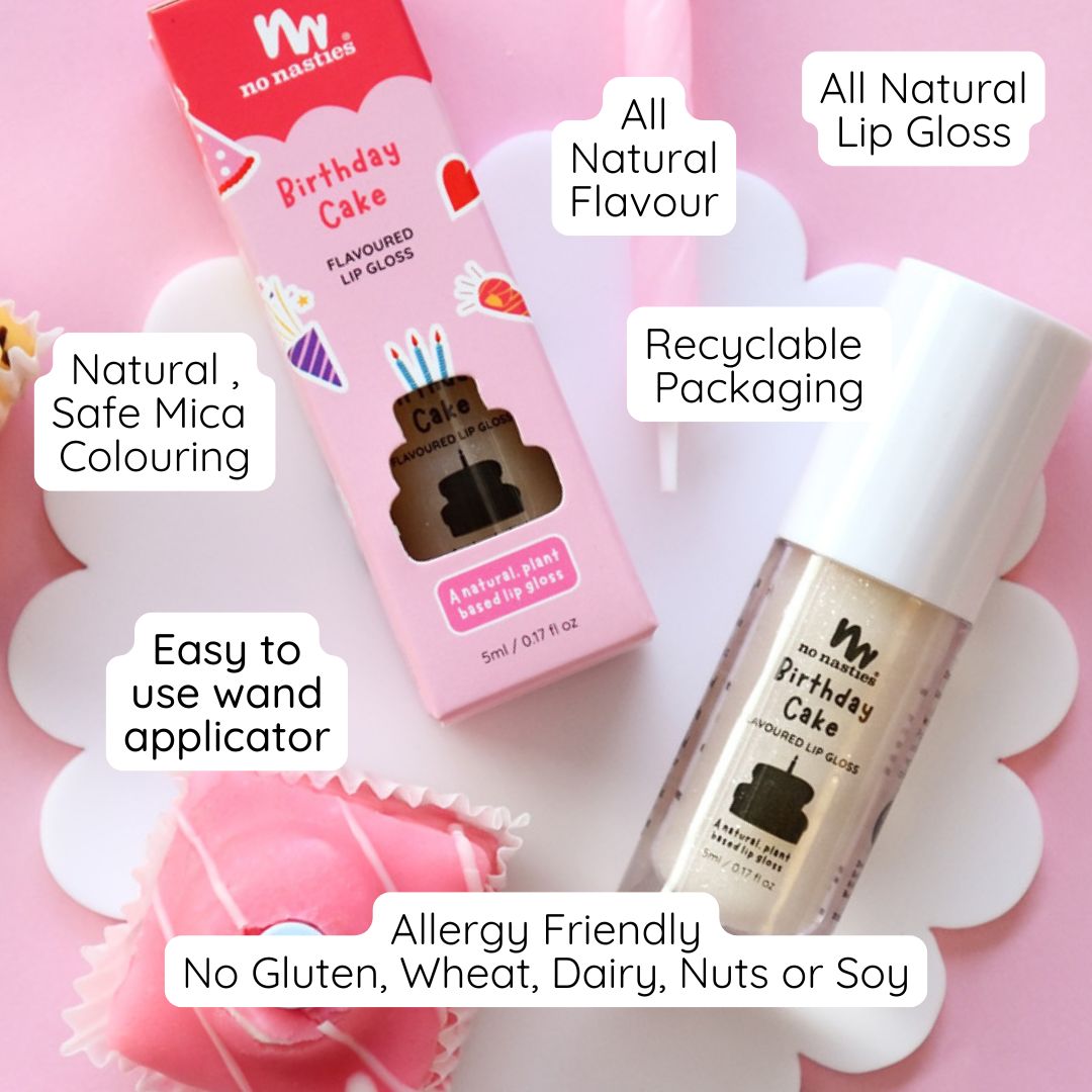 Lip gloss with packaging on a pink background, highlighting features like natural mica coloring and recyclable packaging.