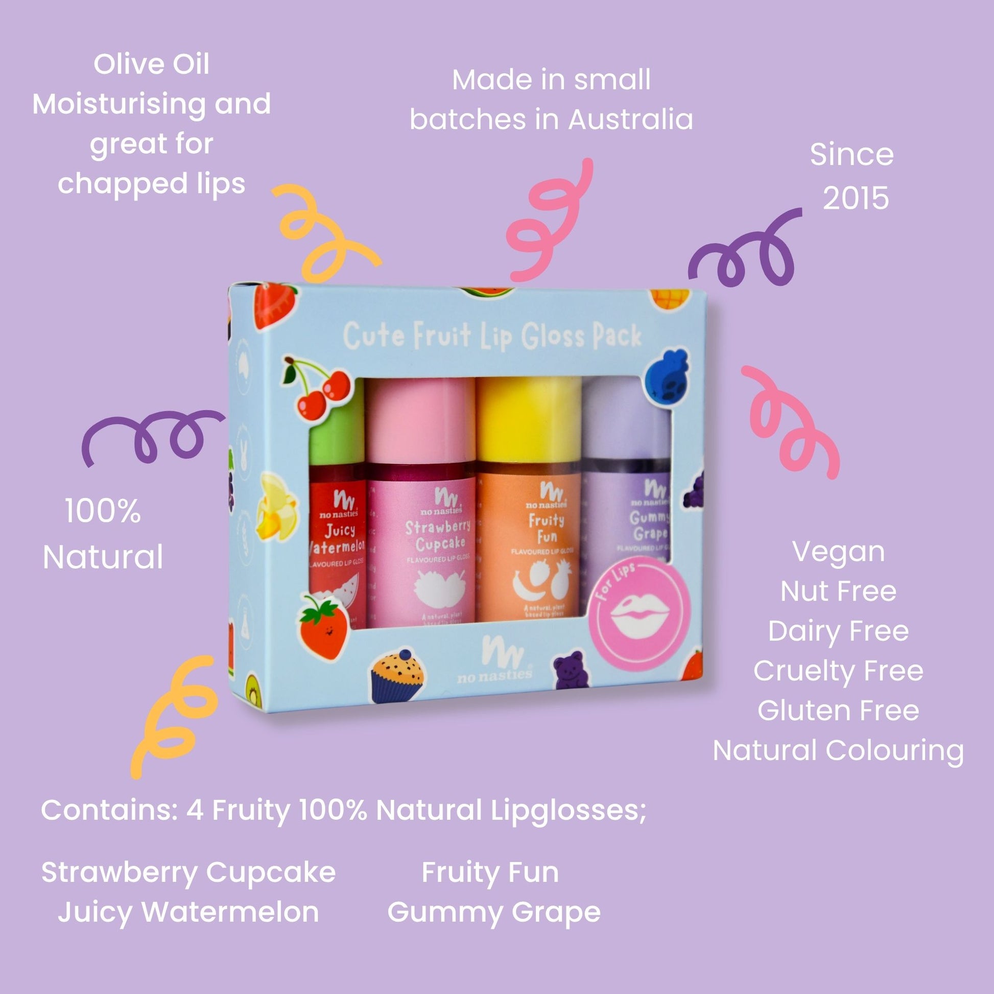 kids lip gloss set on pastel purple background and benefits with curly lines