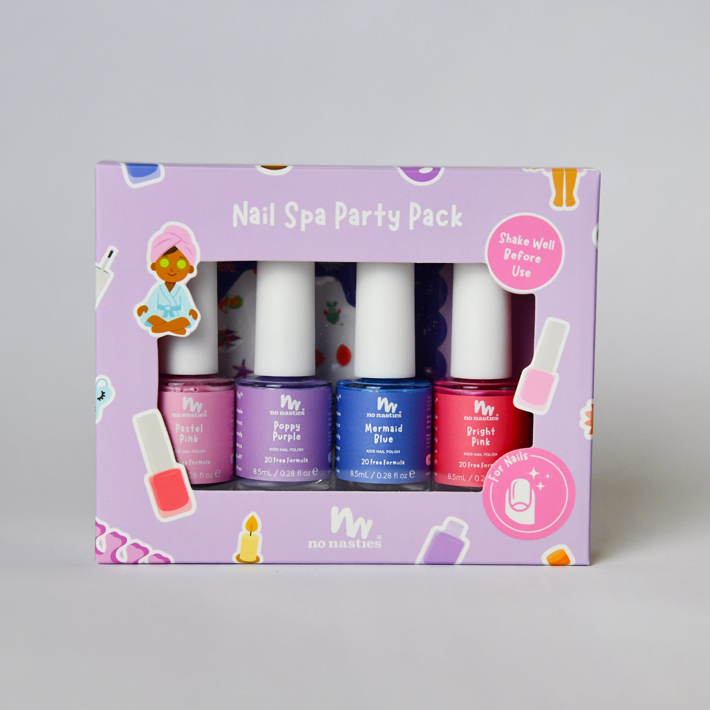 4 nail polishes in a pastel purple box