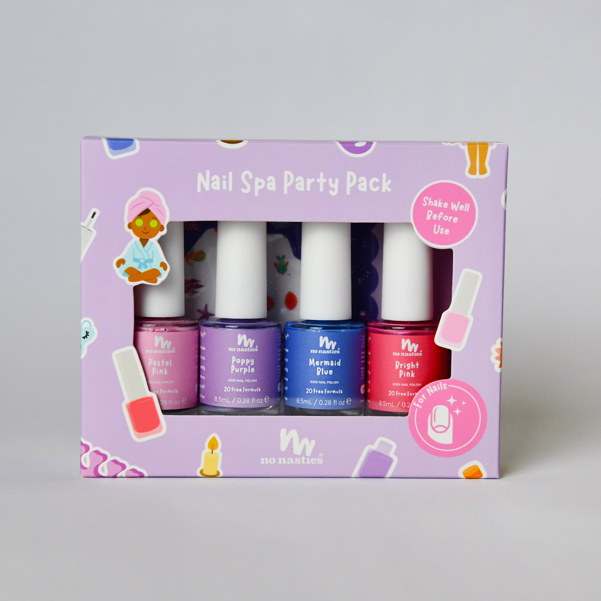 4 nail polishes in a pastel purple box