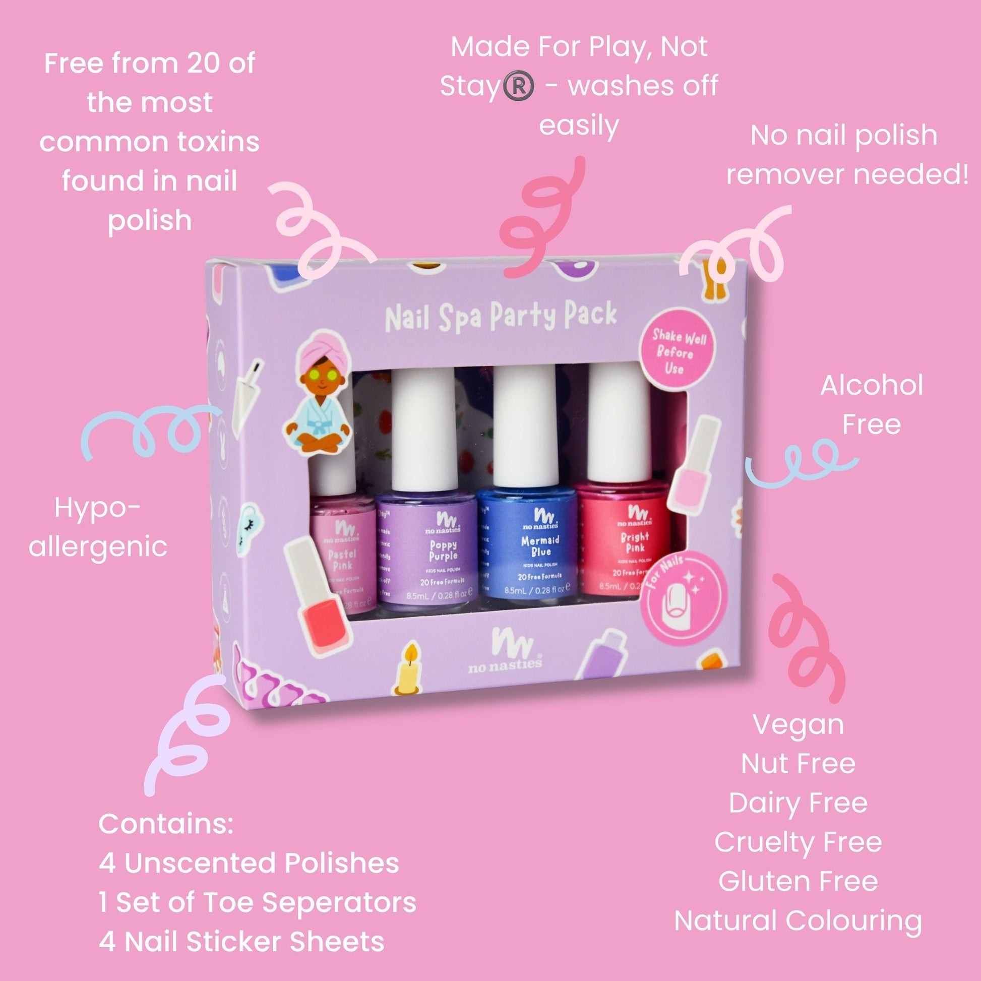 A boxed nail spa party pack shown on a pink background with surrounding marketing text. The package contains four nail polishes in pastel purple, blue, pink, and coral-red shades, plus nail sticker sheets and toe separators.