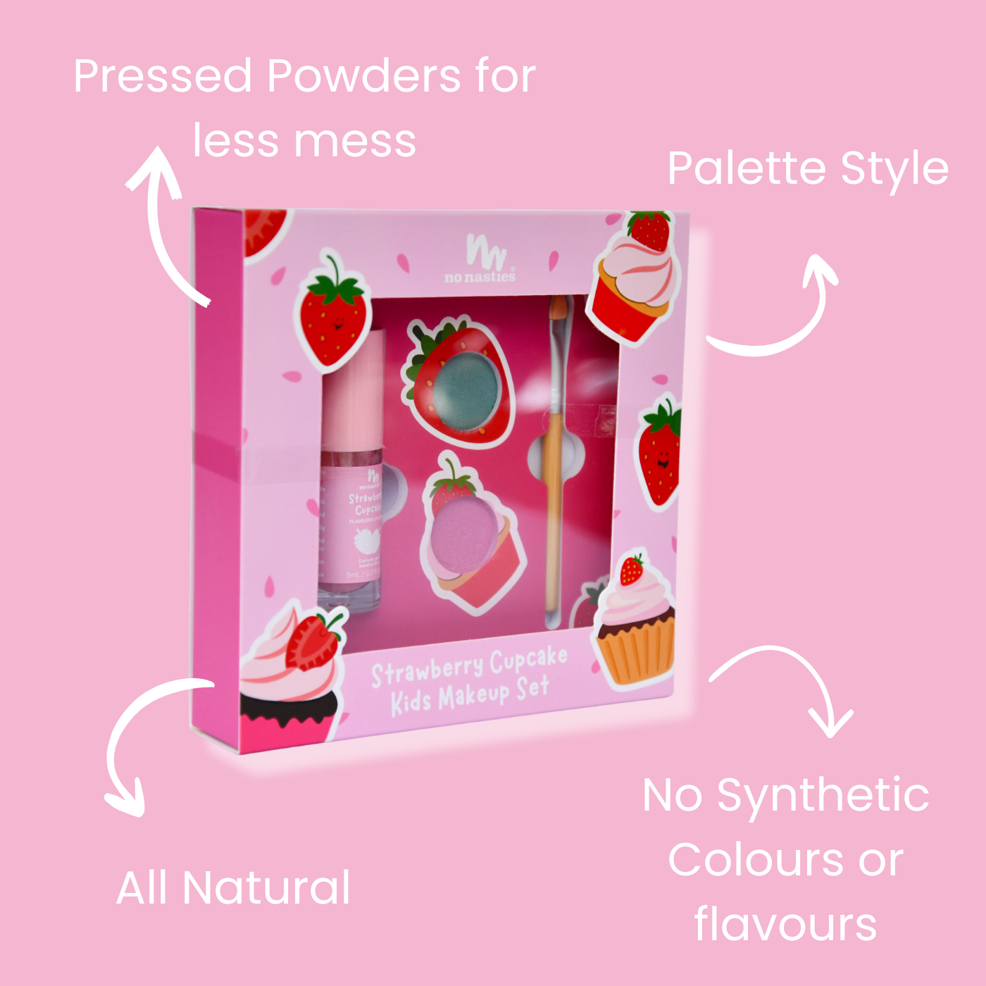 A pink boxed kids makeup set labeled 'Strawberry Cupcake Kids Makeup Set' with illustrated strawberries and cupcakes on the packaging, shown on a pink background with marketing text callouts around it.