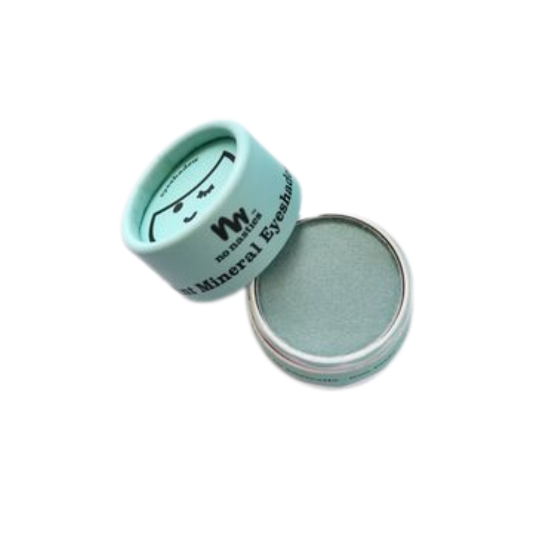 Open container of mineral eyeshadow with visible brand name on a white background