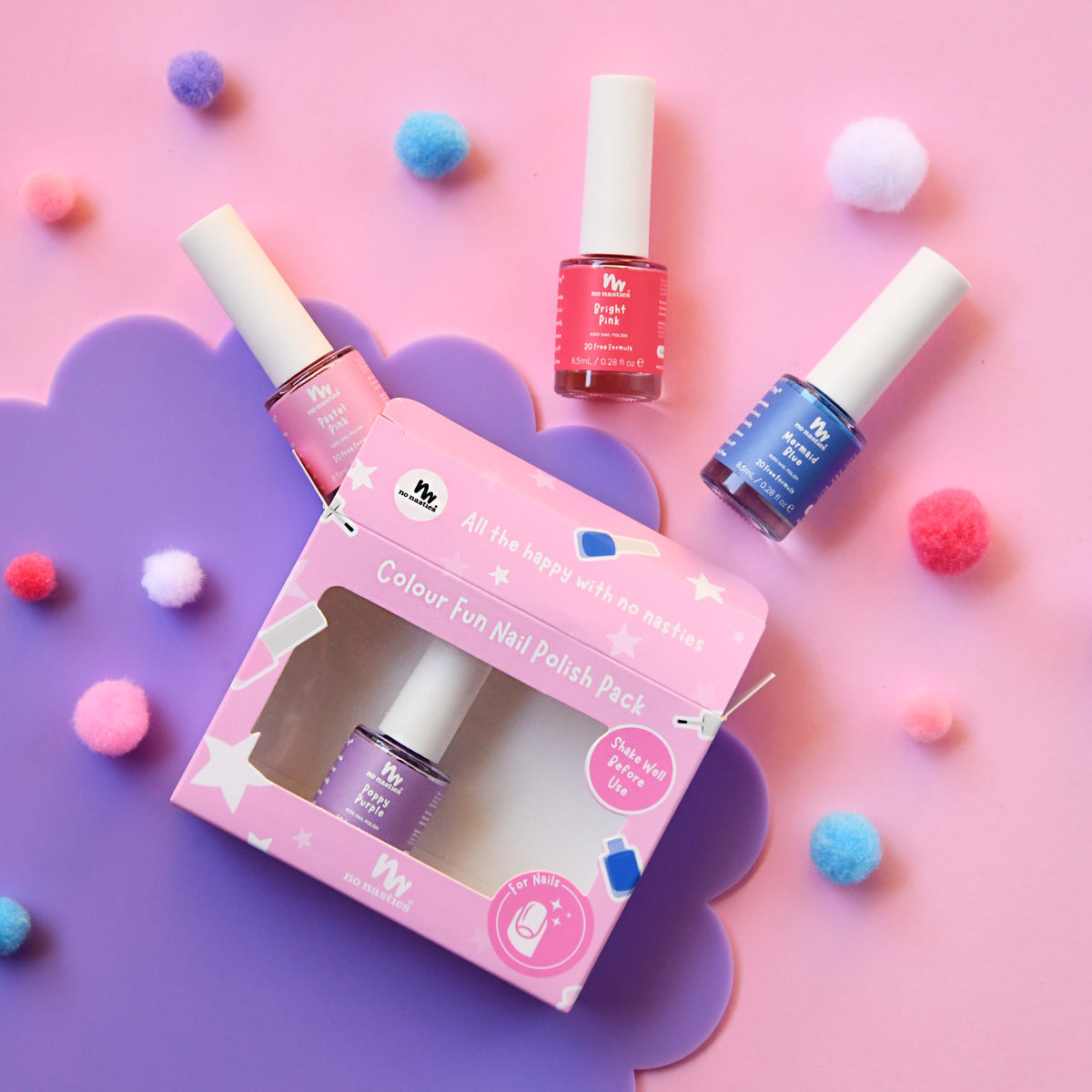 4 Pack Water-Based Kids Nail Polish in Blue, Purple, Pastel Pink and Bright Pink