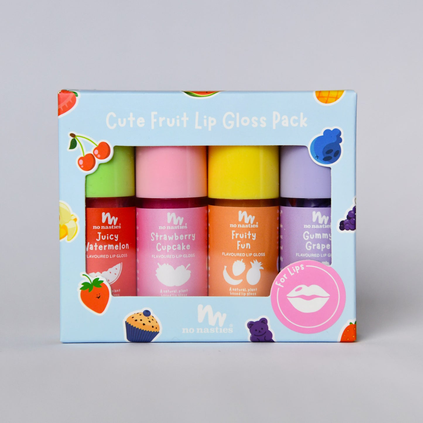 A boxed lip gloss pack from no nasties featuring four colorful lip gloss tubes visible through a light blue window box. The flavors shown are Juicy Watermelon, Strawberries Cupcake, Fruity Fun, and Gummy Grape.
